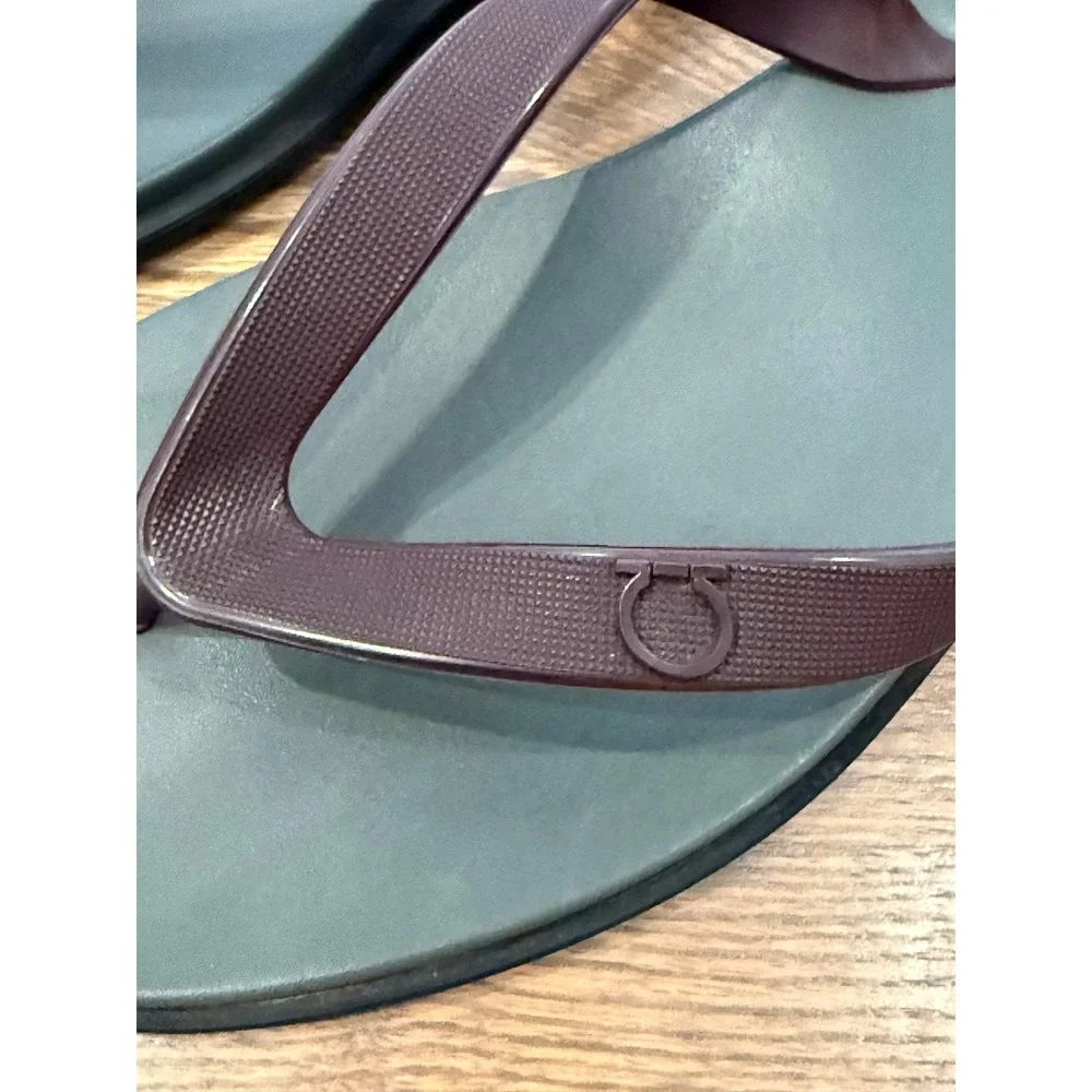 Salvatore Ferragamo Mens Gancini Rubber Flip Flop Sandals Green Brown Italy